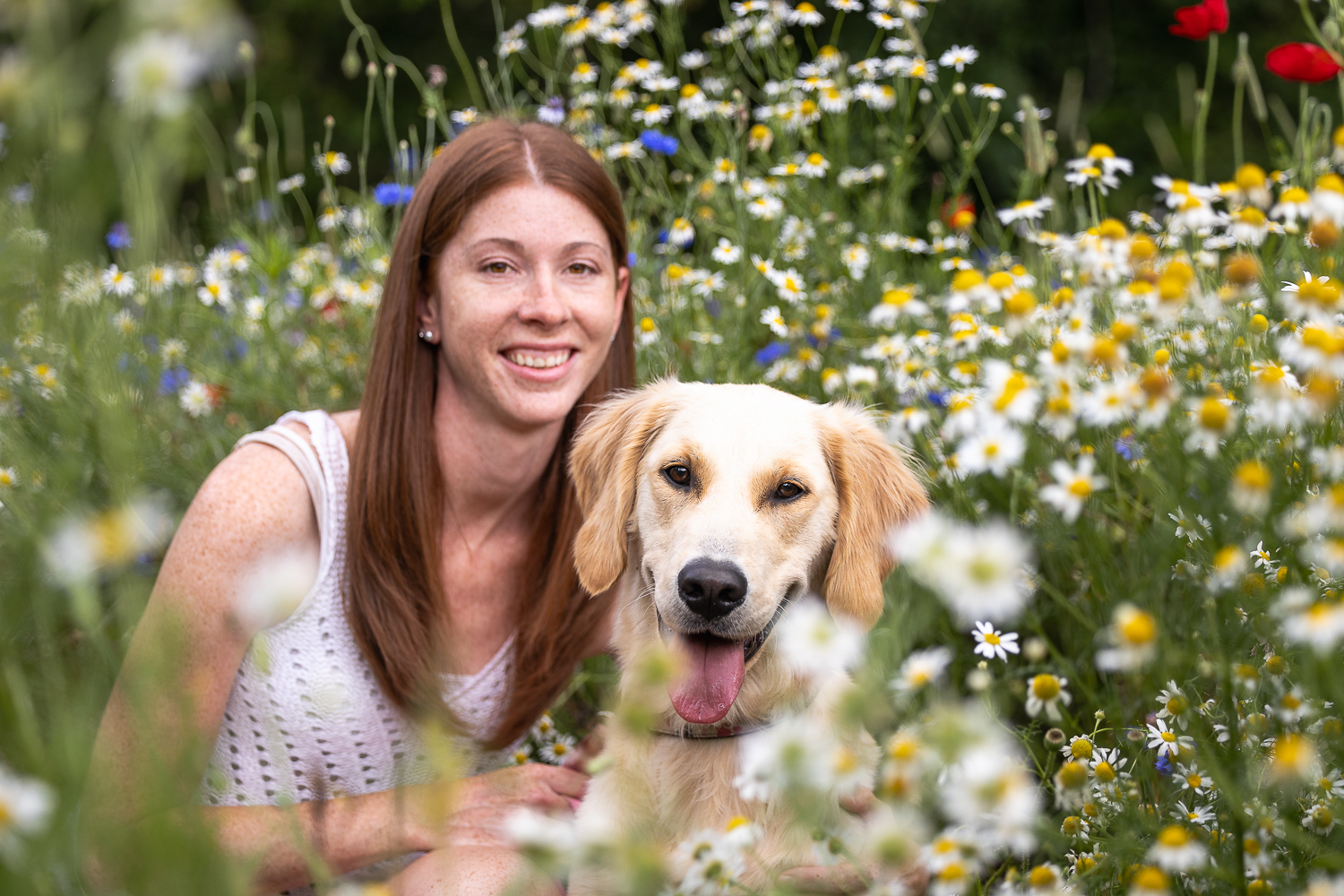family and pet photo at all who wander flower farm Pet owners with their dog at Dundas, ON, at the All Who Wander Flower Farm.