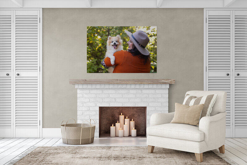 A floatmount artwork above the fireplace.